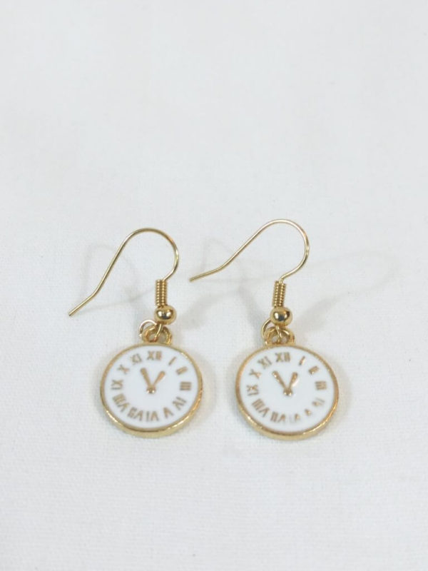 White Enamel Clock Charm Earrings